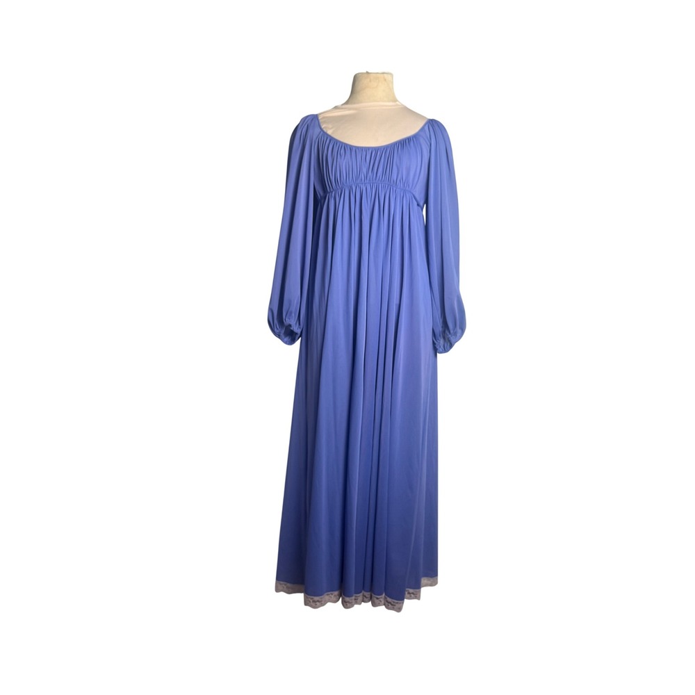 Vintage Periwinkle Blue Empire Waist Nightgown Lace Trim Bishop Sleeve Size 32